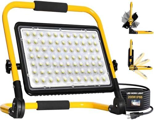 200W LED Work Light, 20000LM 6500K Work Lights on Stand, Portable Work Light, 4M 13.1FT Cord with Plug, IP66 Waterproof Flood Light Construction Lights Worklight for Job Site Repairing Workshop Garage