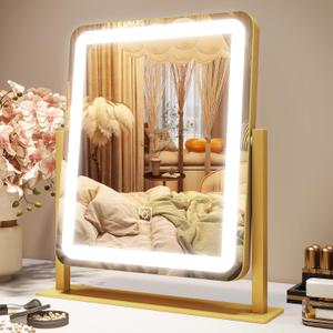 Vanity Mirror with Lights, 12.6"15" LED Makeup Mirror, Lighted Makeup Mirror with Lights, Smart Touch Control Dimmable 3 Modes Light, Lighted Up Mirror for Makeup Desk, Gold (13"L x 15"W)