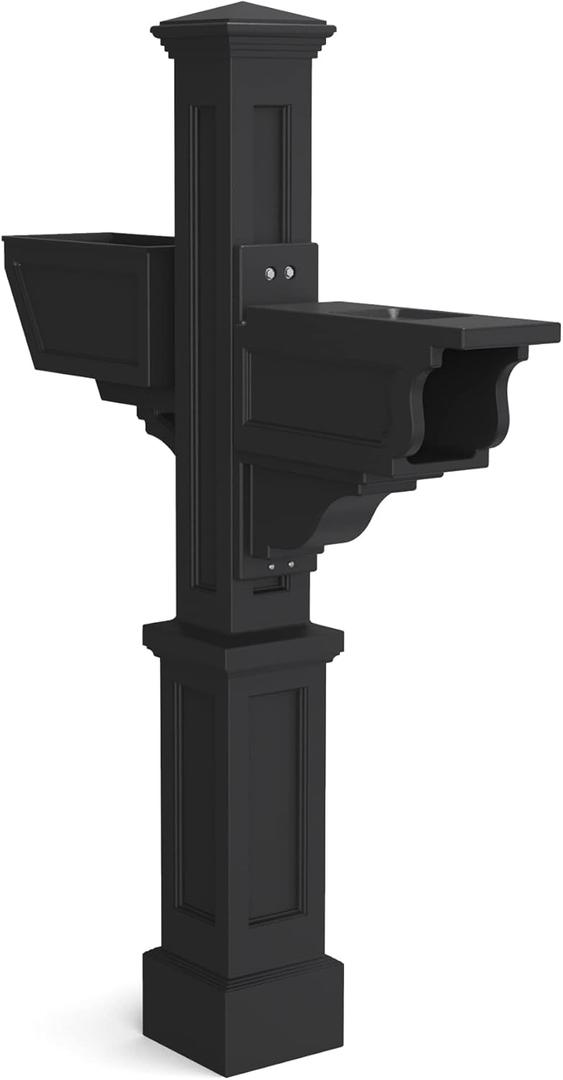 Mayne Signature Plus Mailbox Post with Newspaper Slot and Planter  Weather-Resistant, Durable Classic Design  Easy-to-Install Outdoor Mailbox Post (Black)