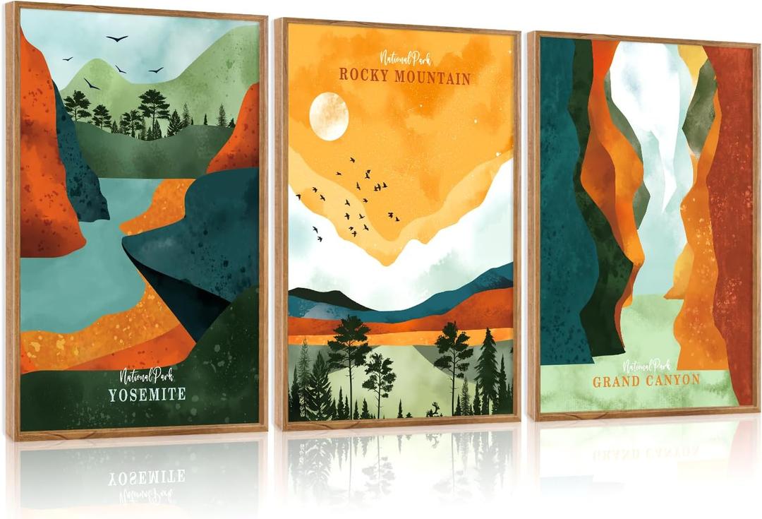 CHDITB National Parks Framed Wall Art Set Of 3,Vintage Artwork Grand Canyon Wall Decor, Yosemite Mountain Wall Painting,Watercolor Nature Art Prints For Bedroom Living Room Office Decor(12X16 Inch)