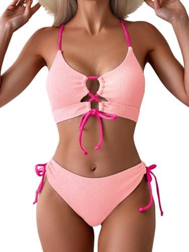 B2prity Women's Sexy Bikini Set Color Block Lace Up 2 Piece Bathing Suit Tie Side Swimsuit L