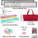 American Mahjong Tile Set 166 White Tiles, 4 All-in-One Color Racks with Pushers, 3 Dice, Portable Red Carrying Bag Complete Mahjong Game Set