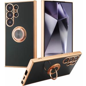 Shockproof Case for Samsung Galaxy S25 Ultra, with 360 Rotatable Ring Holder Magnetic Kickstand, Plating Rose Gold Edge Slim Soft Protective Cover, Black