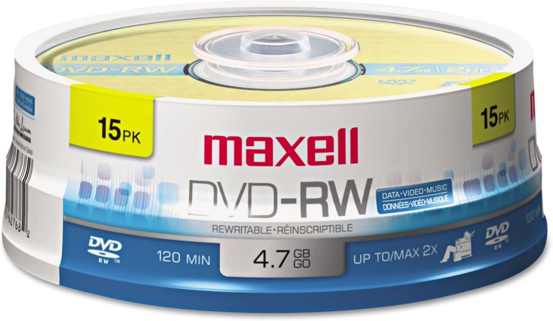 Maxell Dvd-Rw Rewritable Disc, 4.7 Gb, 2x, Spindle, Gold, 15/pack (120min)