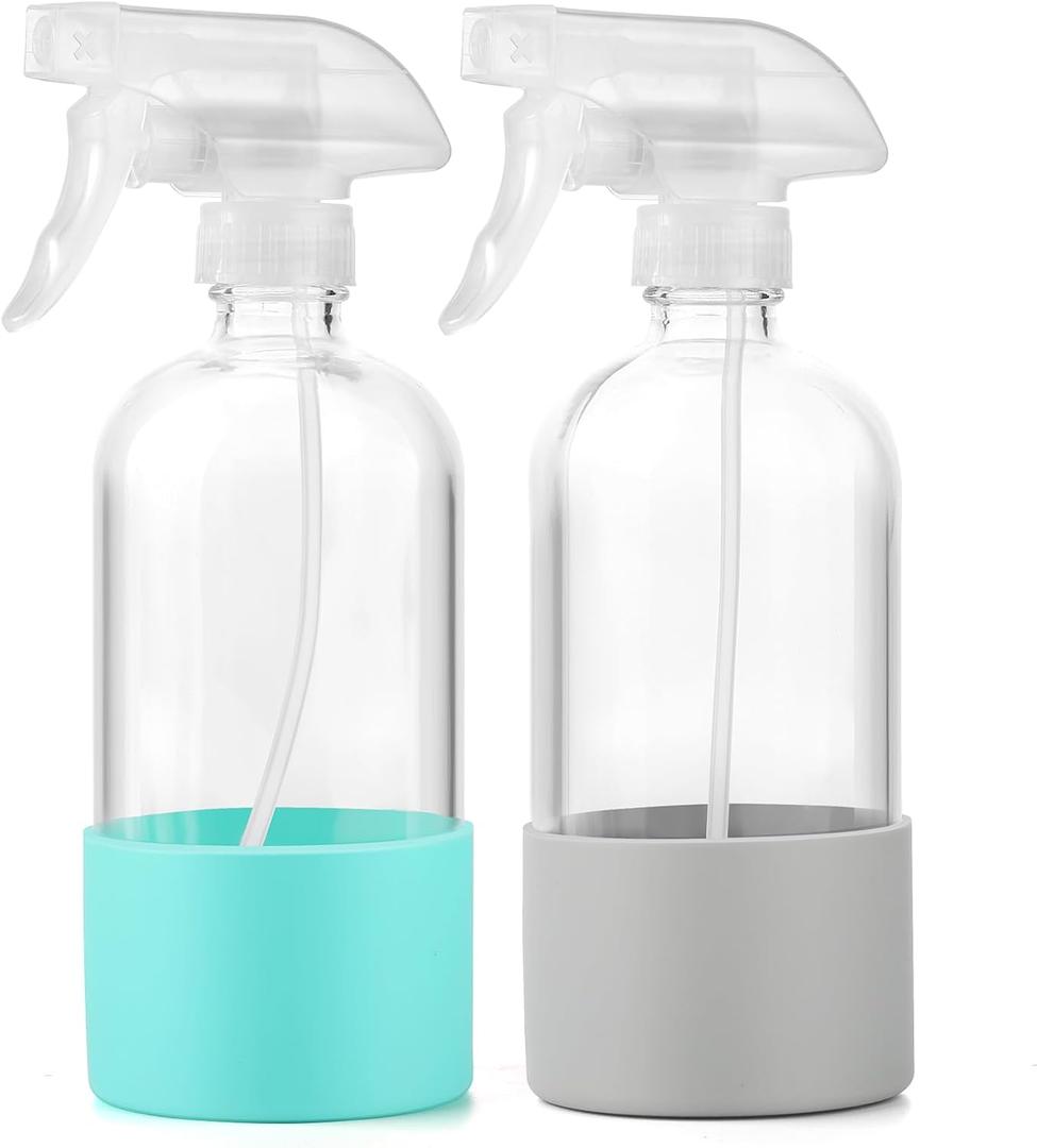 Glass Spray Bottles (2-Pack) with Silicone Sleeve - 16oz Empty Refillable Bottles - Adjustable Nozzle for Hair, Plants, Cleaning & DIY Solutions - Mint Green & Grey