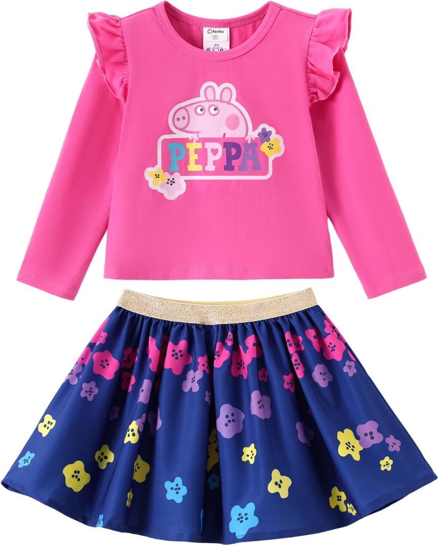 Peppa Pig Girls Skirt Sets Long Sleeves Top Shirt and Skirt Fall Outfits Cute Clothing Sets for Birthday Party Toddler Girl (Size 2T, Hot Pink)