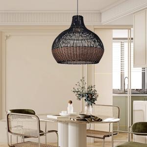 Arturesthome Rattan Pendant Lights, Wicker Chandelier Boho Basket Lighting Fixtures, Natural Woven Hanging Lamp for Kitchen Island Dining Room Black, 15.74"x15.74"