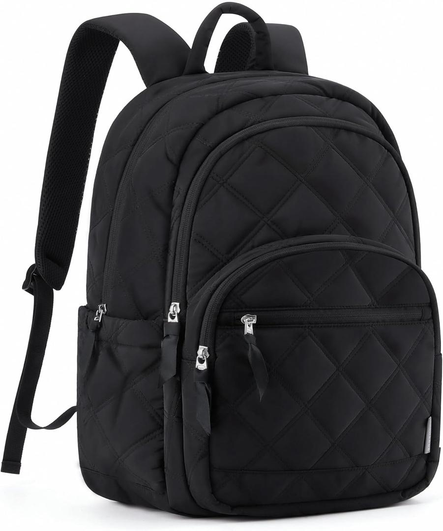 BAGSMART Travel Laptop Backpack, College Backpack for Women, Quilted Small Computer Bookbag, Water-Resistant 15.6 Inch Laptop Casual Bag, Black