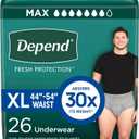 Depend Fresh Protection Adult Incontinence Underwear for Men, Disposable, Maximum, Extra-Large, Grey, 26 Count, Packaging May Vary