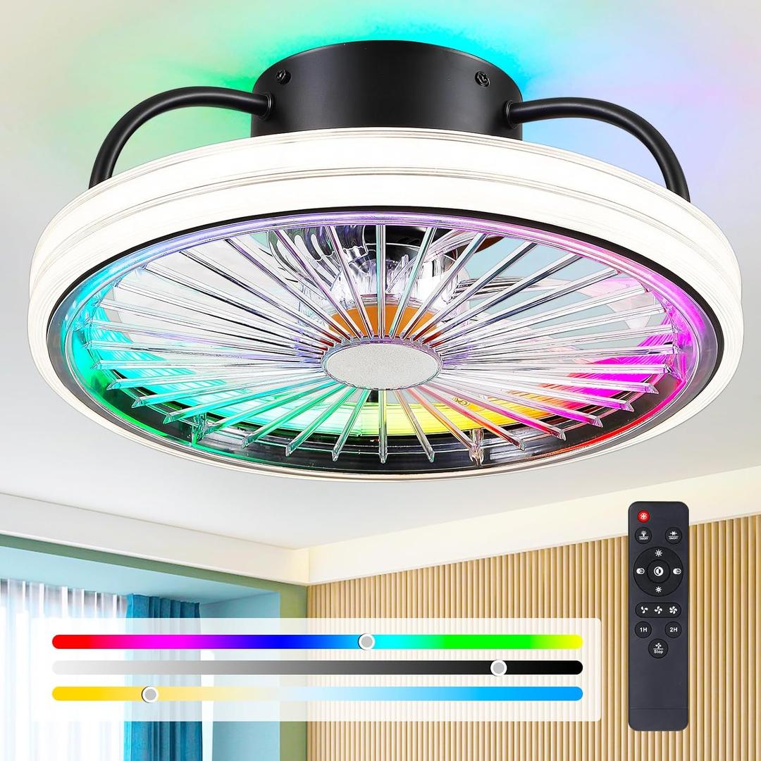 Low Profile Ceiling Fan with Light - Modern Flush Mount Ceiling Fan, 15" RGB Dimmable LED Enclosed Ceiling Fans, Modern Bladeless LED-RGB Ambient Light for Bedroom Kids Room Party（Black）