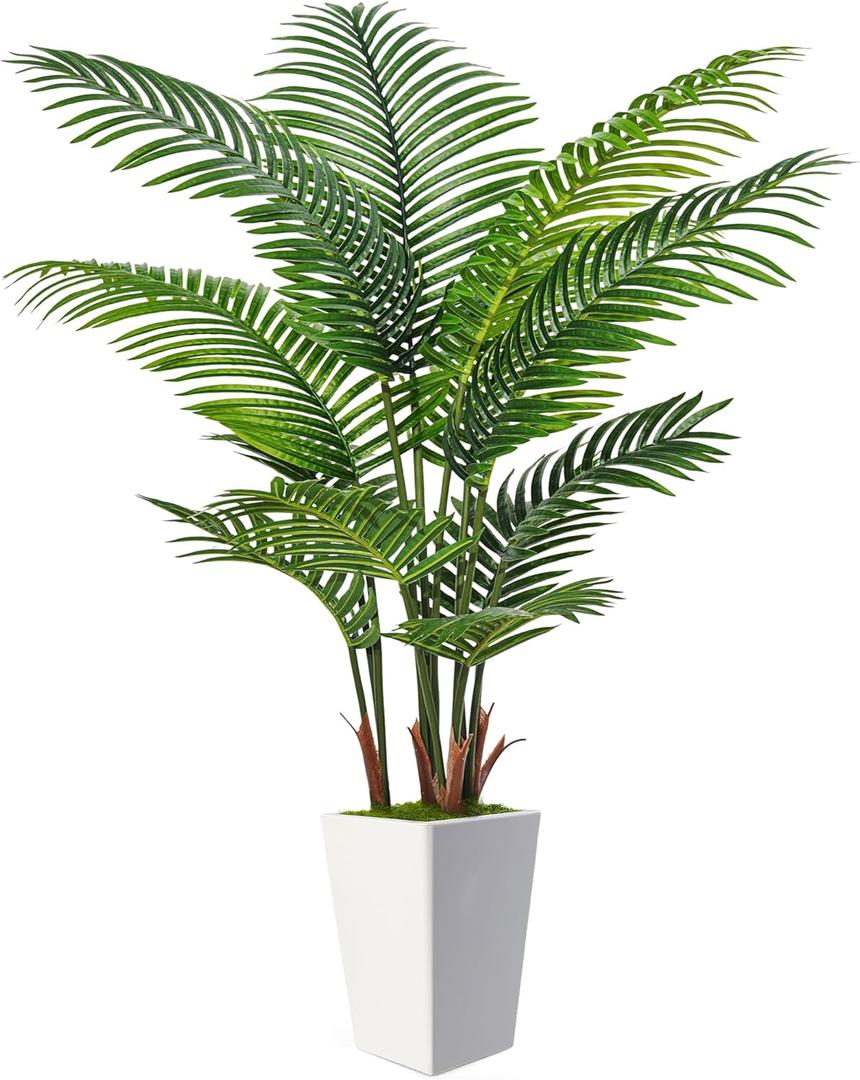 6FT Artificial Palm Tree, Tall Faux Palm Tree Indoor with Fake Plants Tall, Artificial Plants with Lifelike Leaves for Home Office Decor (White)