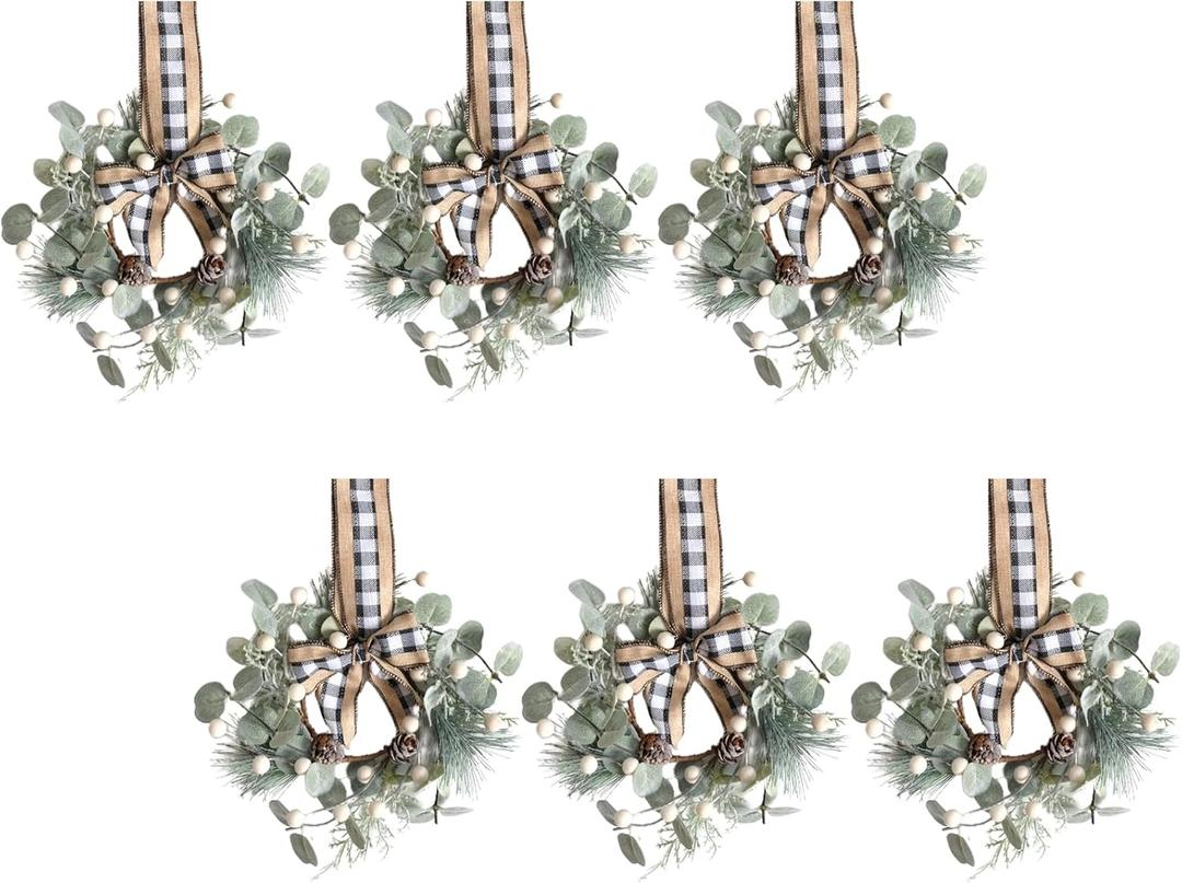 Bibelot 6 Pcs Small Christmas Wreath for Cabinets Kitchen, Mini Christmas Wreath with White Berry Bow Artificial Xmas Decor for Window Front Door Farmhouse Wall