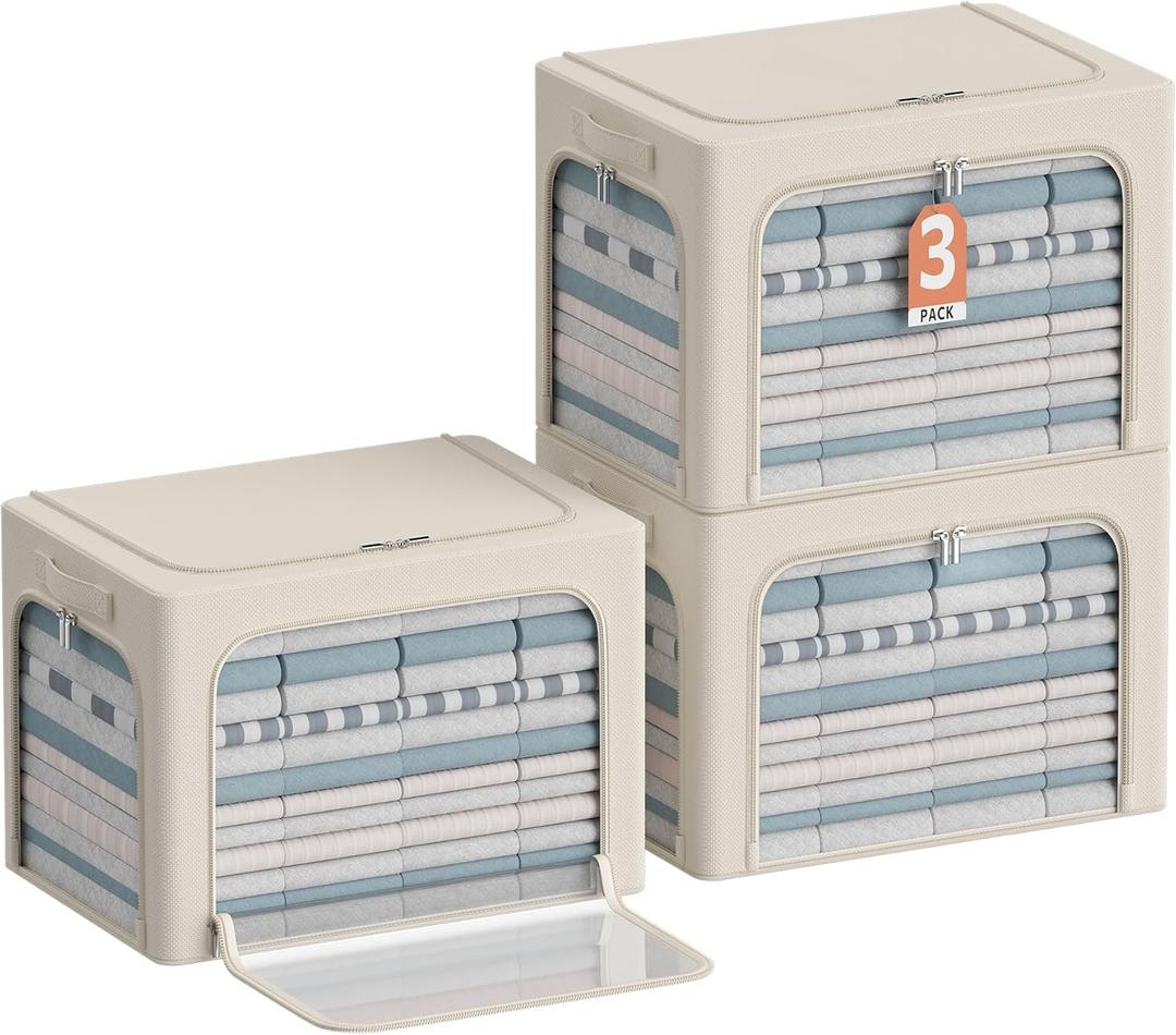 3Pack Clothes Storage Bins - Oxford Frame Storage Box Foldable Stackable Storage Organizer with 3 Openings Design, Metal Frame, Clear Window, Carry Handles (66L-19.7 x 15.7 x 13, Beige)