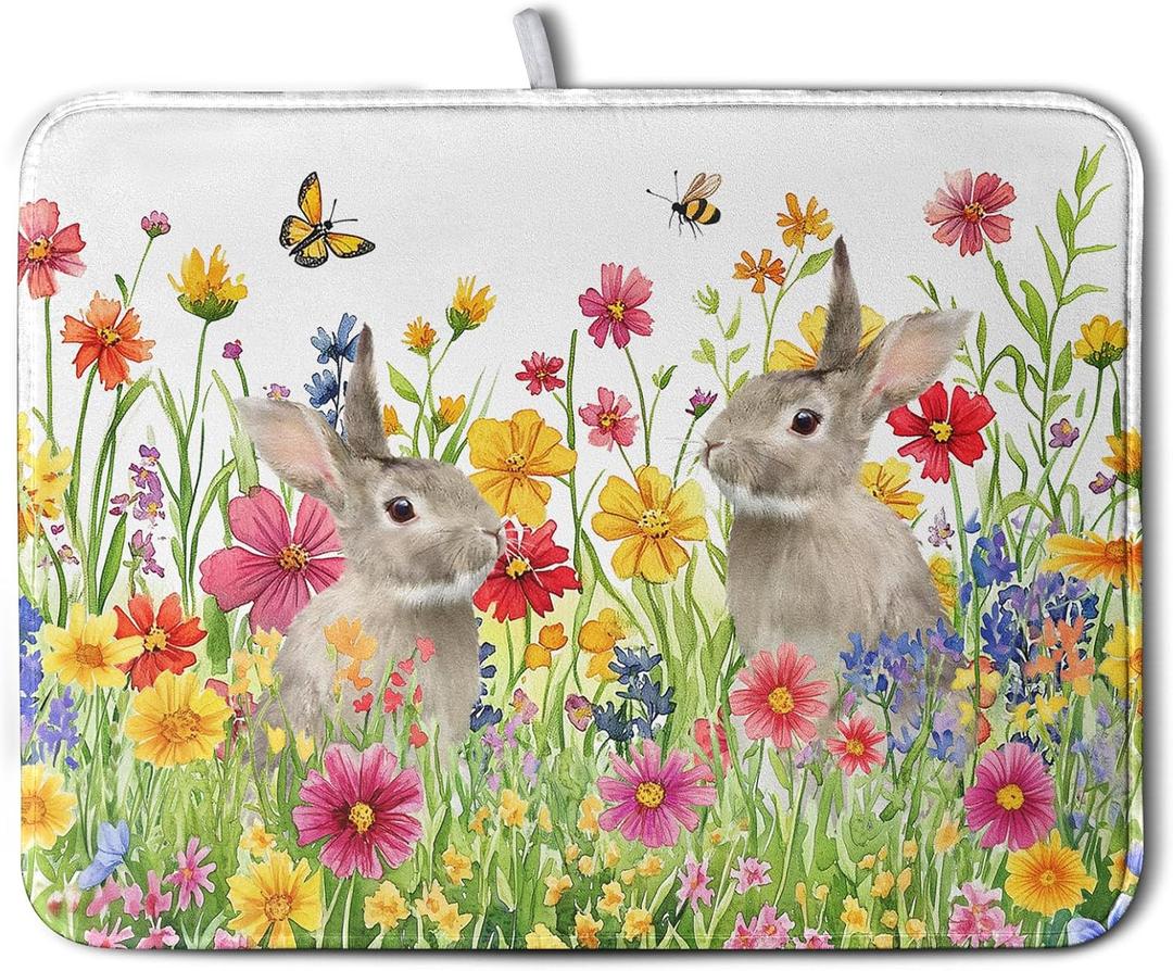 Easter Dish Drying Mat for Kitchen Counter Easter Bunny Flowers Dish Drying Pad Spring Rabbit Floral Dishes Drainer Mats Absorbent Microfiber Kitchen Countertop Protector Drying Mats 18x24 in (18" x 24")