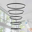 5-Rings Modern LED Chandelier Black High Ceiling Chandelier with Remote Control Dimmable Pendant Lighting for Dining Room Foyer Living Room Entryway Staircase(3000K-6500K, D23.6)