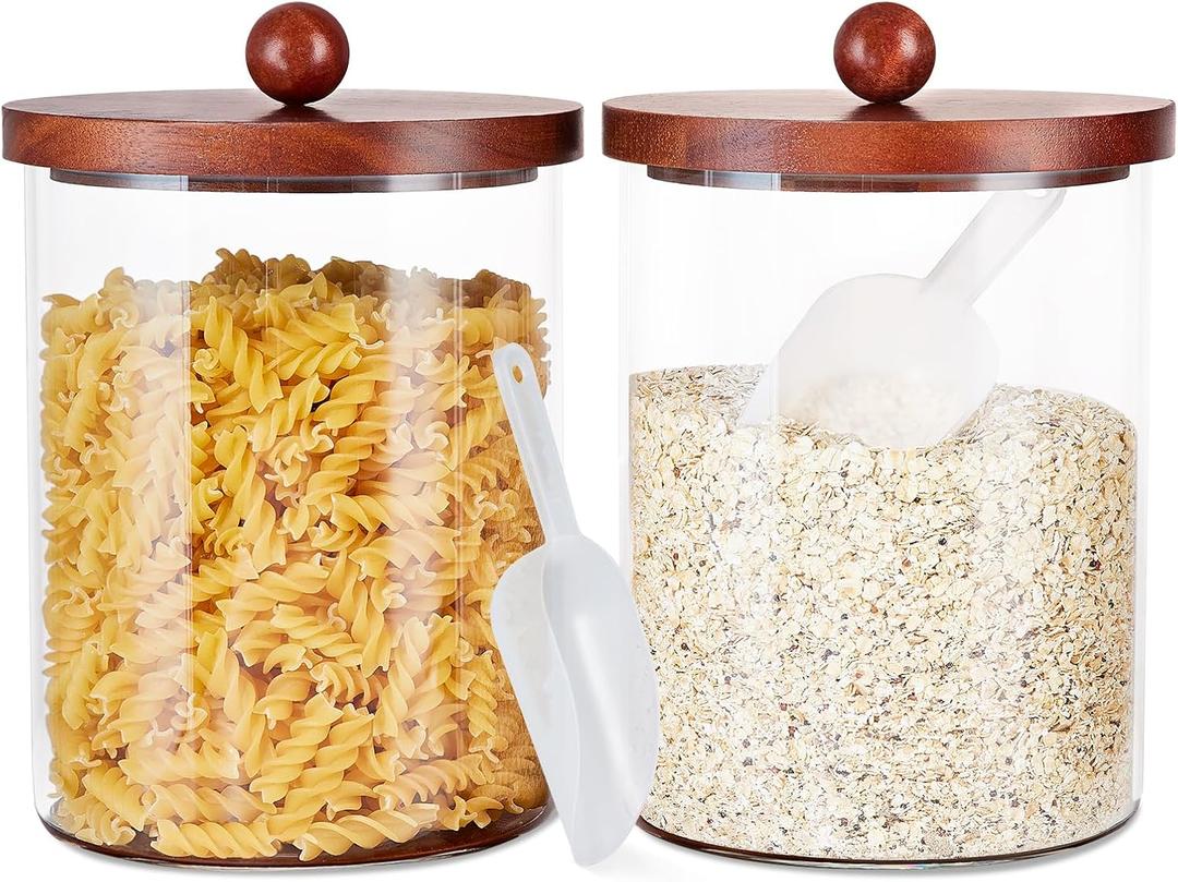 FavorFlavor Set of 2 Large Glass Food Storage Jar-101 FLOZ, Flour and Sugar Storage Containers for Kitchen Counter with Wooden Airtight Lid & Base,Kitchen Storage Jars for Coffee,Rice,Candy, Cookie