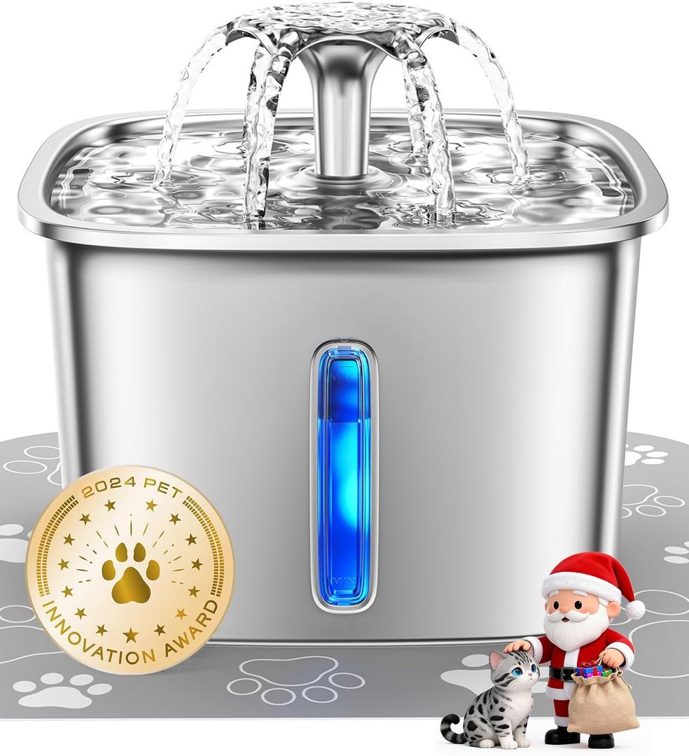 Veken Innovation Award Winner Stainless Steel Cat Water Fountain, 95oz/2.8L Automatic Pet Fountain Dog Water Dispenser with Replacement Filters & Silicone Mat, Gifts for Christmas, Cats, Dogs (Silver)