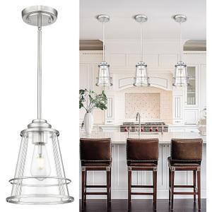 Pendant Lights Kitchen Island Brushed Nickel 8 Inch Large Pendant Light With Clear Glass Modern Farmhouse Cage Hanging Lights Fixture for Kitchen Sink Dining Room Hallway Foyer (1 Pack), ZCPL108BN-L