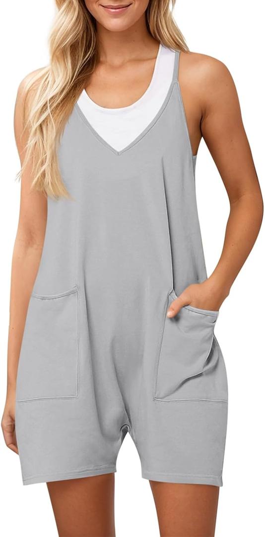 Tongmingyun Womens Summer Casual Sleeveless Rompers Loose Spaghetti Strap Shorts Jumpsuit with Pockets (Medium, Grey)