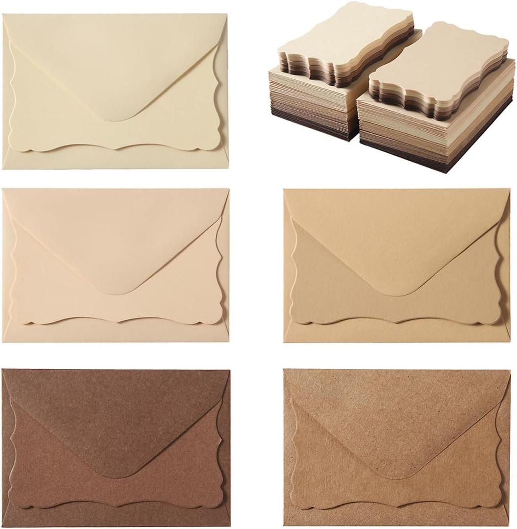 100 Pack Mini Envelopes with Note Cards in 5 Colors for Wedding, Birthday, Baby Showers, 4 x 2.7 Inches (Brown)