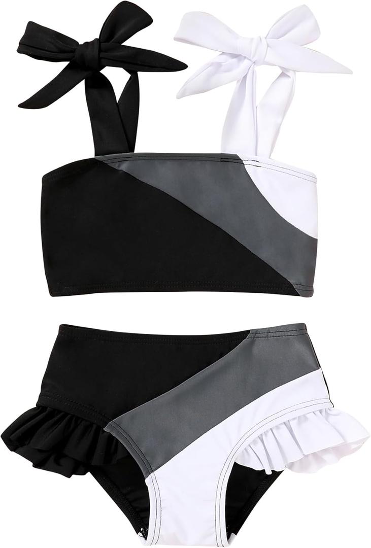 YOUNGER TREE Toddler Girls Two Pieces Swimsuit Color Block Stripe Swimwear Summer Beach Bathing Suit 18M-5T (Black#white)