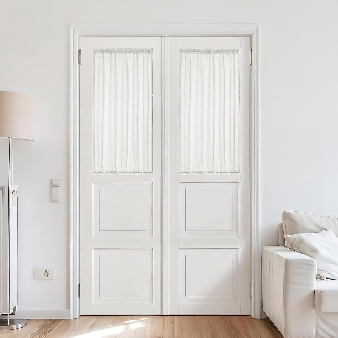 Linen French Door Curtains 40 Inch Length 2 Panels Light Filtering Short Farmhouse Curtains for Doors with Glass Window Closet Rod Pocket Lightweight Ivory White