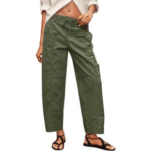 Fisoew Womens 100% Cotton Cargo Pants Drawstring Elastic Waist Casual Hiking Work Pants with Multiple Pockets, Size: L