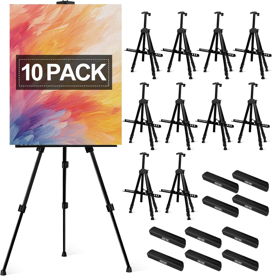 AROIC10 Pack Painting Display Easel Stand Portable Adjustable Metal Tripod Artist Canvases Height from20to66Inch Extra Sturdy forTable-Top/Floor Painting, Drawingand Displaying,Black with10StorageBag, 6 inches x 21 inches x 16 inches