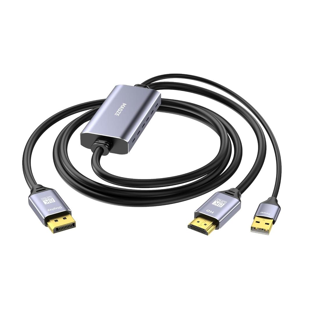 8K HDMI to Displayport Cable, 4K@120Hz HDMI 2.1 to Displayport 1.4 Adapter, USB Power, for Laptops, Discrete GPUs, PS5, and Xbox Series X, and Gaming Monitors