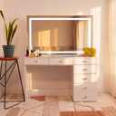 Boahaus Cleo Vanity Desk with LED Lighted Mirror – 7 Drawer Makeup Station with Integrated Power, 58.20" H X 47.20" W X 17.70" D