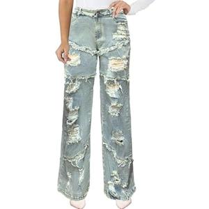 IbuduSexy Women's Mid Waisted Wide Leg Distressed Jeans Ripped Retro Denim Pants M-L