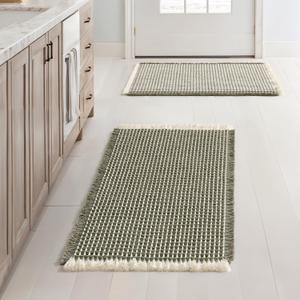 MIULEE Set of 2 Waffle Bathroom Rugs, Boho Bath Rugs Non Slip Washable, Super Absorbent Bath Mats, Ultra Soft Rubber Backed Shower Mats for Bathroom Floor, Tub, Green & Cream, 17x24 Inch