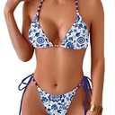 swimall Women's Thong Bikini Set Sexy String High Cut Triangle Swimsuit Two Piece Brazilian Bathing Suit - 505 - Blue White Floral - Medium