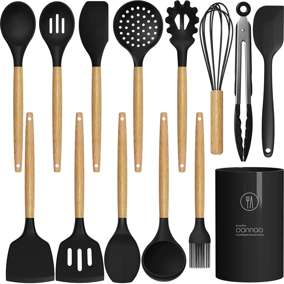 Silicone Cooking Utensils Set Utensil Sets - 446F Heat Resistant Silicone Kitchen Utensils Set Wooden Handles, Silicone Utensils for Cooking w Holder for Non-Stick Cookware BPA FREE (Black)