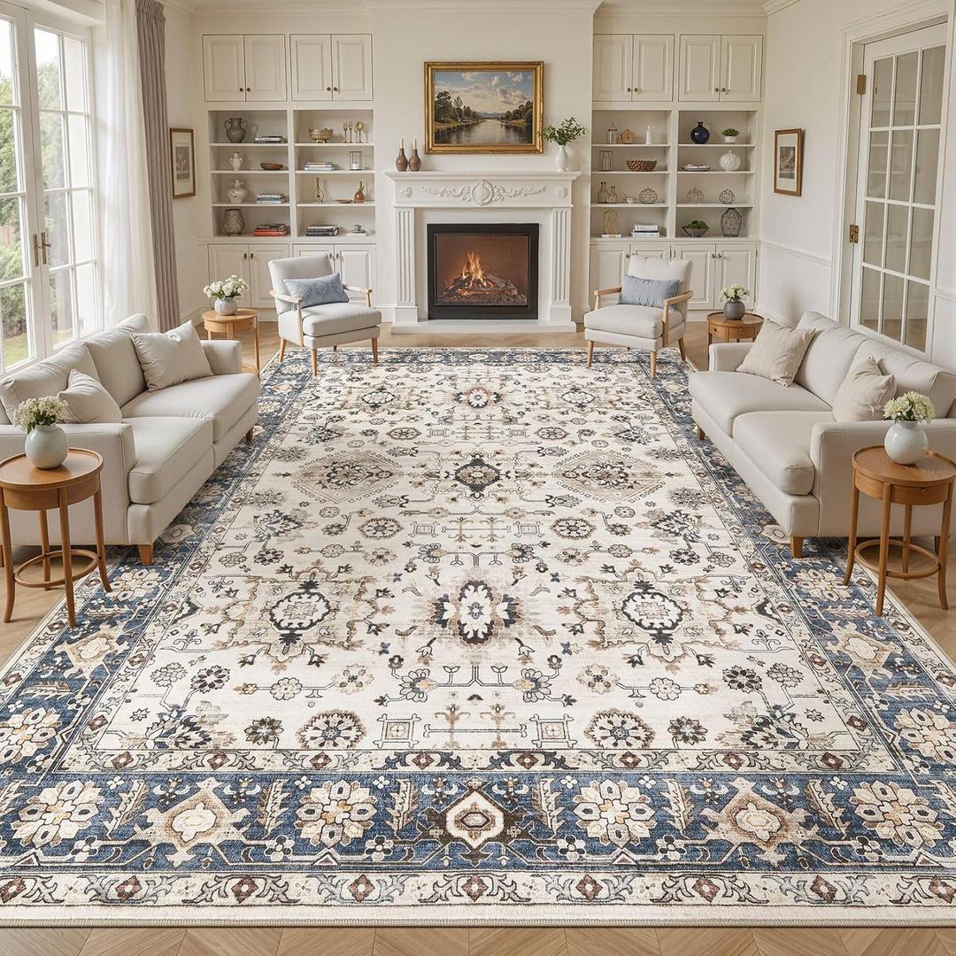 Area Rugs for Living Room: 12x15 Washable Rug Vintage Pattern Large Non-Slip Stain Resistant Soft Durable Floor Carpet for Bedroom, Dining Room, Home Office - Blue