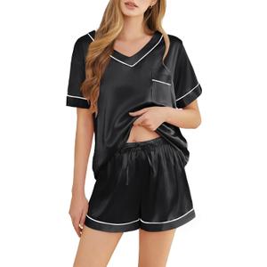 Silk Pajamas for Women Short Sleeve Satin 2 Piece Pj Set Soft V Neck Sleepwear Loungewear, S-XXL (Large, Black)