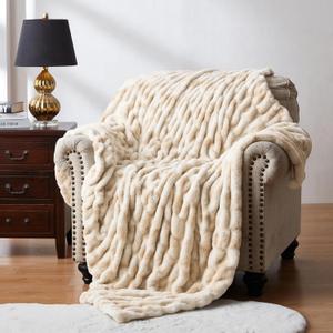 WDCOZY Ruched Faux Fur Throw Blanket Soft Cozy Fluffy Luxurious Blankets Couch Bed Sofa Chair Home Decor Warm Furry Fall Winter Plush Rabbit Fur Bubble Blanket 60" x 80", Caramel Beige Camel Neutral