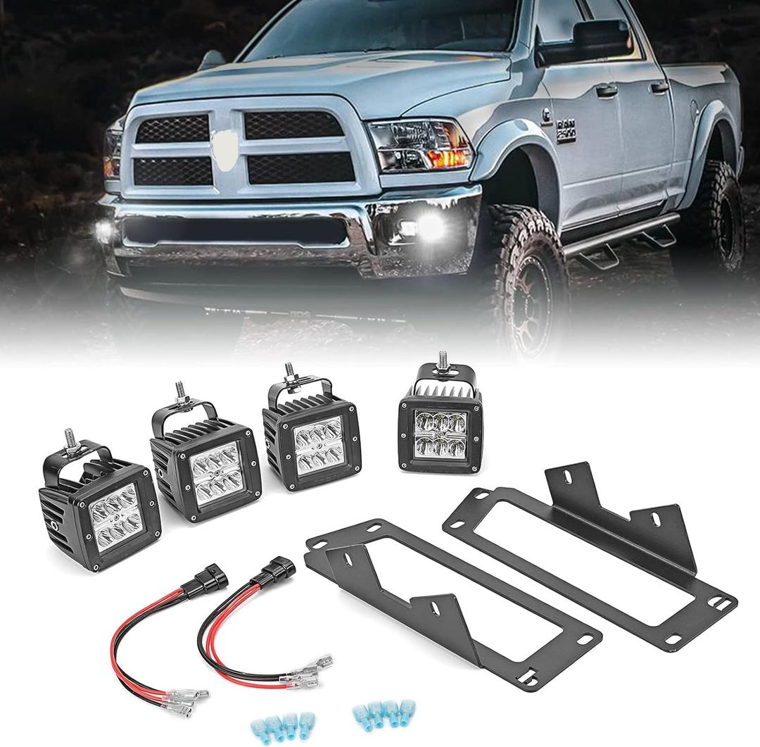 Dasen 4PCS 3" LED Cube Fog Lights Pod & Front Bumper Dually Foglamp Mounting Brackets w/Wiring Kit Compatible with Ram 1500 2009-2012, Fit Ram 2500 2010-2019