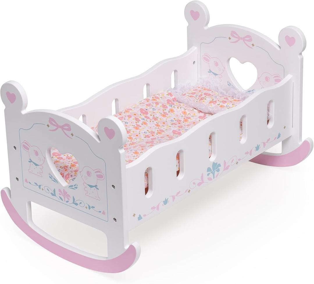 ROBUD Wooden Baby Doll Crib, Baby Doll Bed Toys, for Dolls Up to 18 Inch, Doll Accessories - with Mattress, Pillow, Quilt, Gift for Boys & Girls, Ages 3+, Small