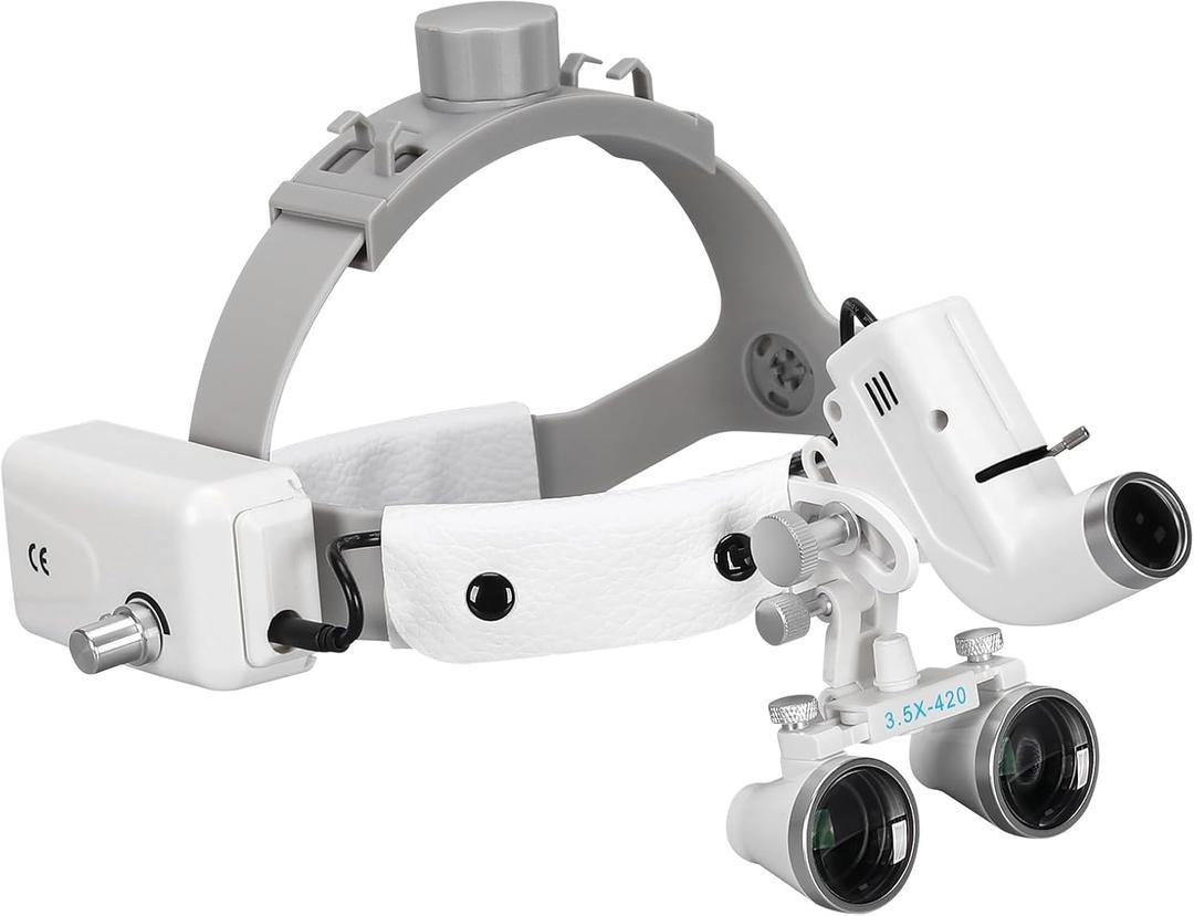 Binocular Headband Loupes with Light 3.5X Magnifying Optical Glasses, Adjustable Silver Helmet, 5W LED Head Light Lamp, 420 mm Working Distance