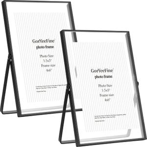 Black 4x6'' Floating Picture Frame Set of 2, For Photo Sizes (2x3'',3.5x5''),Beautiful Metal Beaded Edge Frames Adjustable Tabletop/Shelf Photo Frame, Classy Gift Choice for Wedding, Christmas, Party