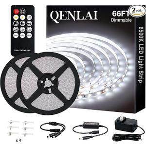 66ft White LED Strip Lights, Upgraded 6500K Dimmable Tape Lights with Remote and Plug, 12V 1200 LEDs Flexible Cuttable Led Light Strips for Bedroom Ceiling Kitchen Under Cabinet(2pcs of 33ft)