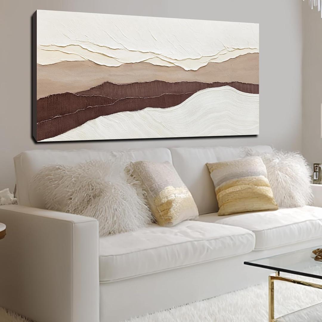 Modern Abstract Wall Art Textured Beige and Brown Canvas 24x48 inch Layered Terrain Painting for Living Room Bedroom Decor