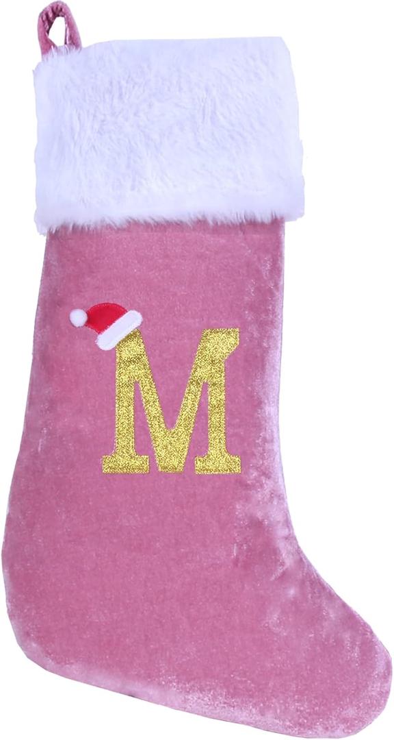 EHJYO 20 Inches Monogram Christmas Stockings with Letters Large Super Soft Christmas Stockings, Pink Velvet with White Plush Cuff Embroidered Xmas Stocking for Christmas Family Decor Letter M