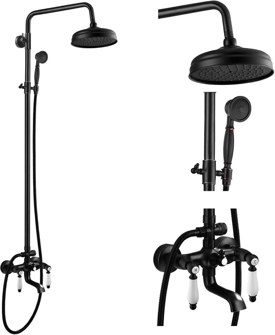 gotonovo Oil Rubbed Bronze Shower Faucet 8-inch Rainfall Shower Head Fixture with Handheld Spray Double Lever Handle Bathtub Spout Triple Function Bathroom Wall Mount