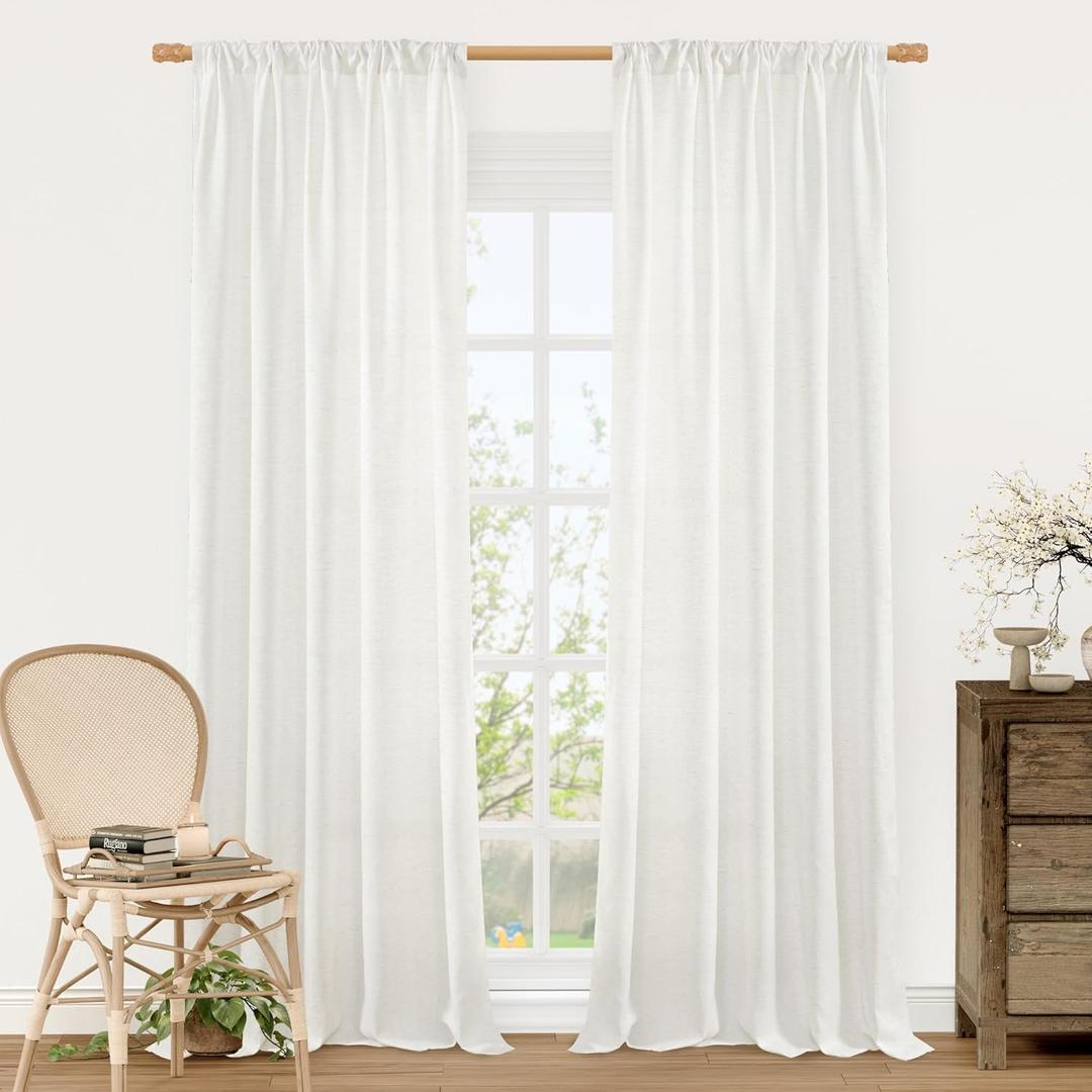 LAMIT Natural Linen Curtains for Bedroom, 84 Inch Length Faux Linen Textured Light Filtering Drapes Rod Pocket Window Treatment Panels for Living Room, Set of 2 Panels, 52 x 84 Inch, Ivory White