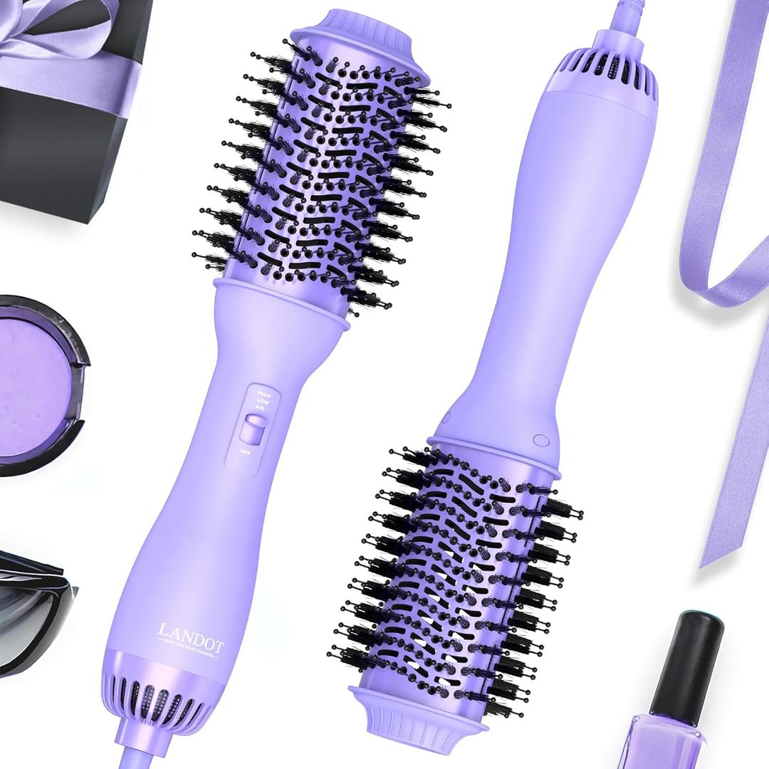 LANDOT Hot Hair Blow Dryer Brush: One-Step HairDryer Styler and Volumizer - Upgraded Plus 2.0 Hot Air Brush with Negative Ion Anti-frizz Ceramic Titanium 60mm Oval Shape Barrel Purple Color