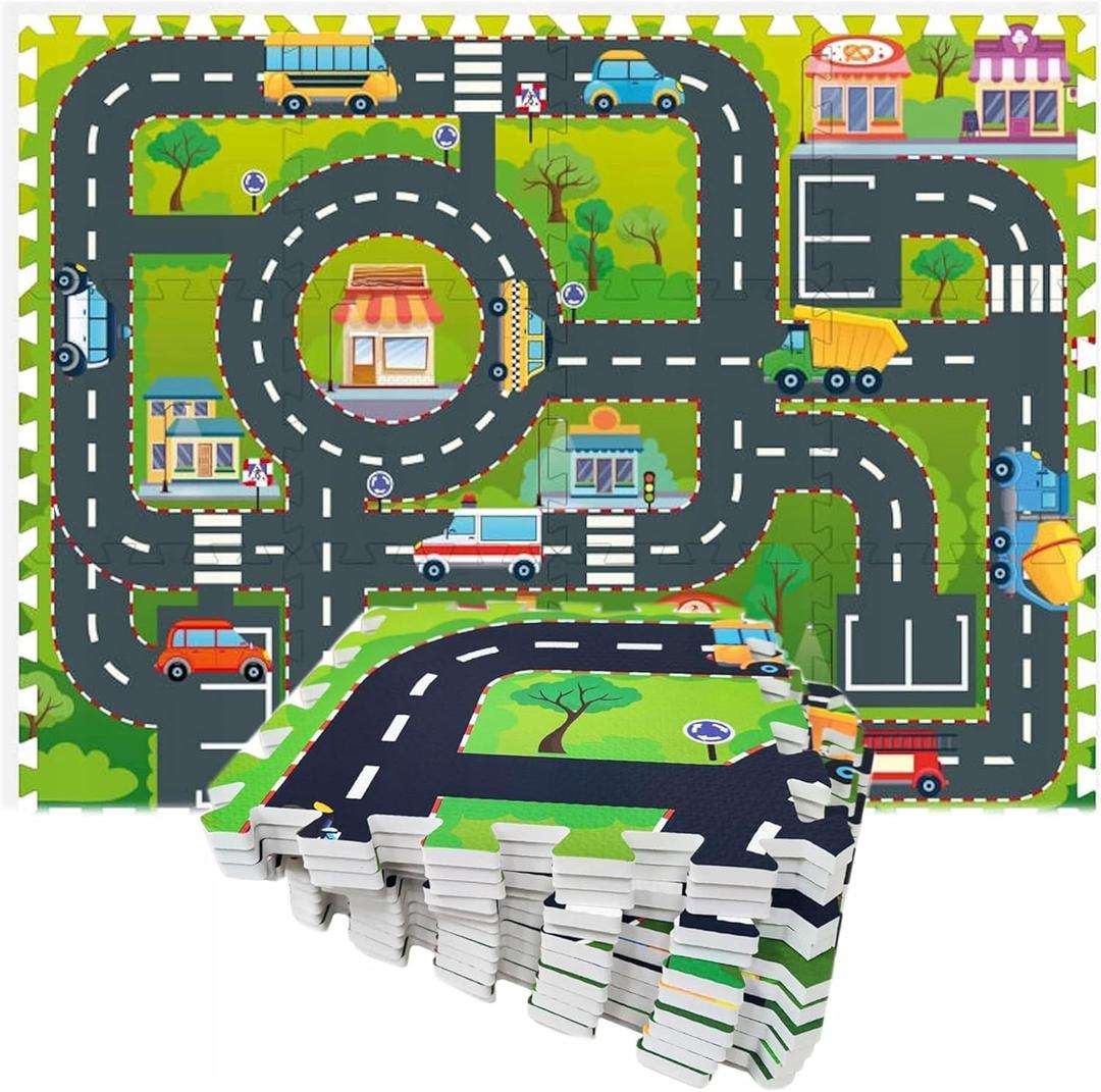 Play Mat Interlocking Foam Car Rug Floor Puzzle Tiles Playroom Pieces Interactive by Exultimate, 12 Piece Set