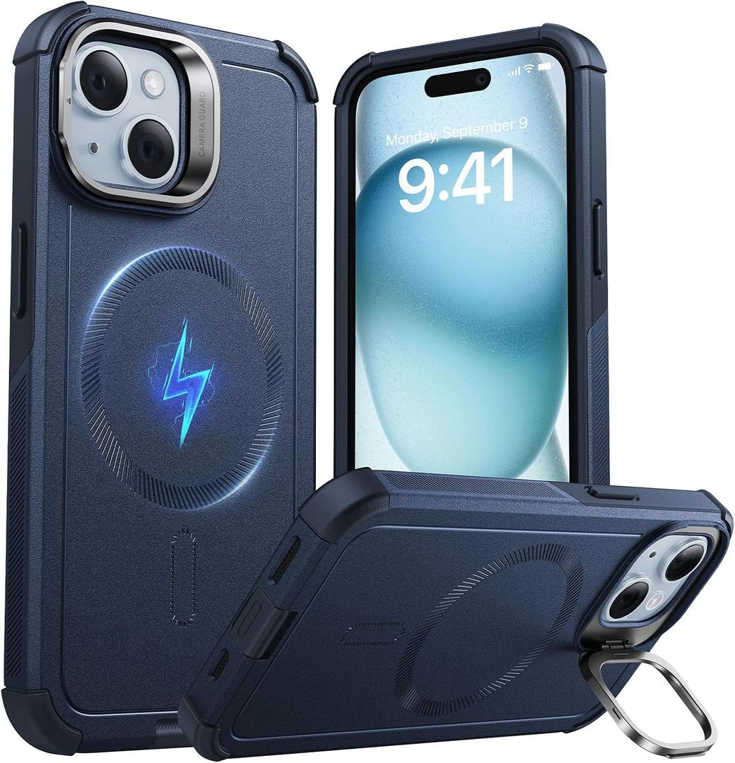 ESR for iPhone 15 Case with Stand, 23 ft Military-Grade Drop Protection Heavy Duty Magnetic Phone Case, Compatible with MagSafe Accessories, Cyber Series, Blue