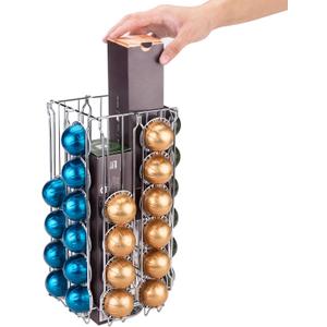 MyGift 48 Pod Stainless Steel Silver Metal Coffee Pod Holder Storage Organizer Stand with 360 Degree Rotating Carousel with Sleeve Storage Compartment, Compatible with Nespresso Vertuo Capsule